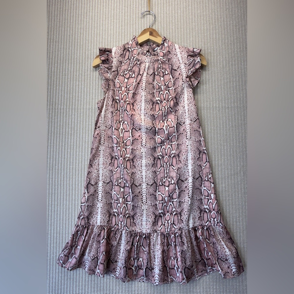 THML Pink and White Snake Print Midi Ruffle Sleeveless Dress XS